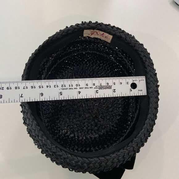 Vintage Piko Montreal New York Black Woven Straw Hat With Velvet Bow Accent Wome - Picture 7 of 14